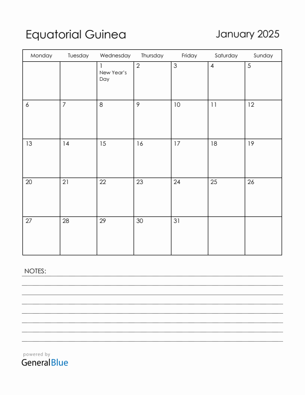 January 2025 Equatorial Guinea Calendar with Holidays (Monday Start)