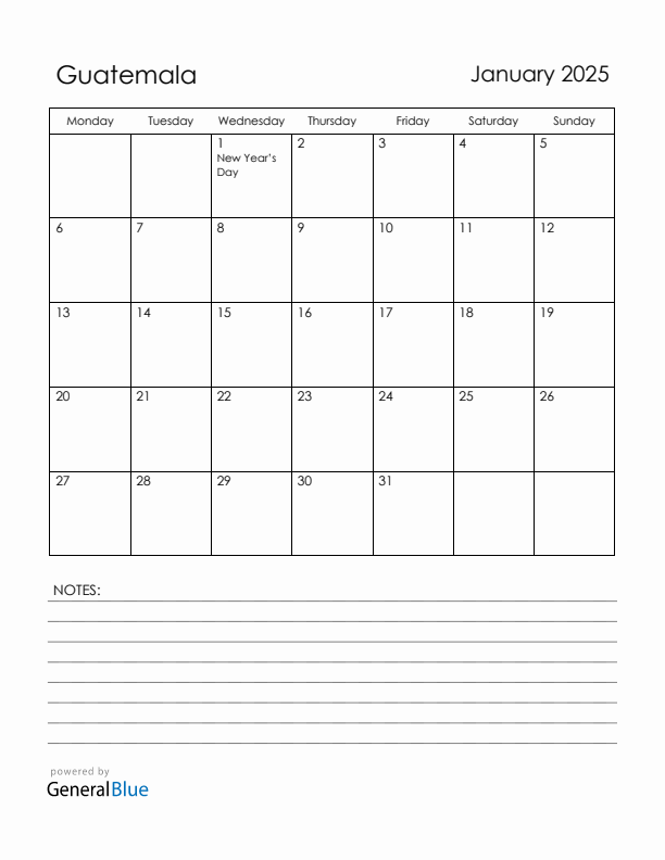 January 2025 Guatemala Calendar with Holidays (Monday Start)