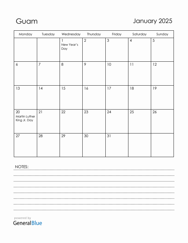 January 2025 Guam Calendar with Holidays (Monday Start)