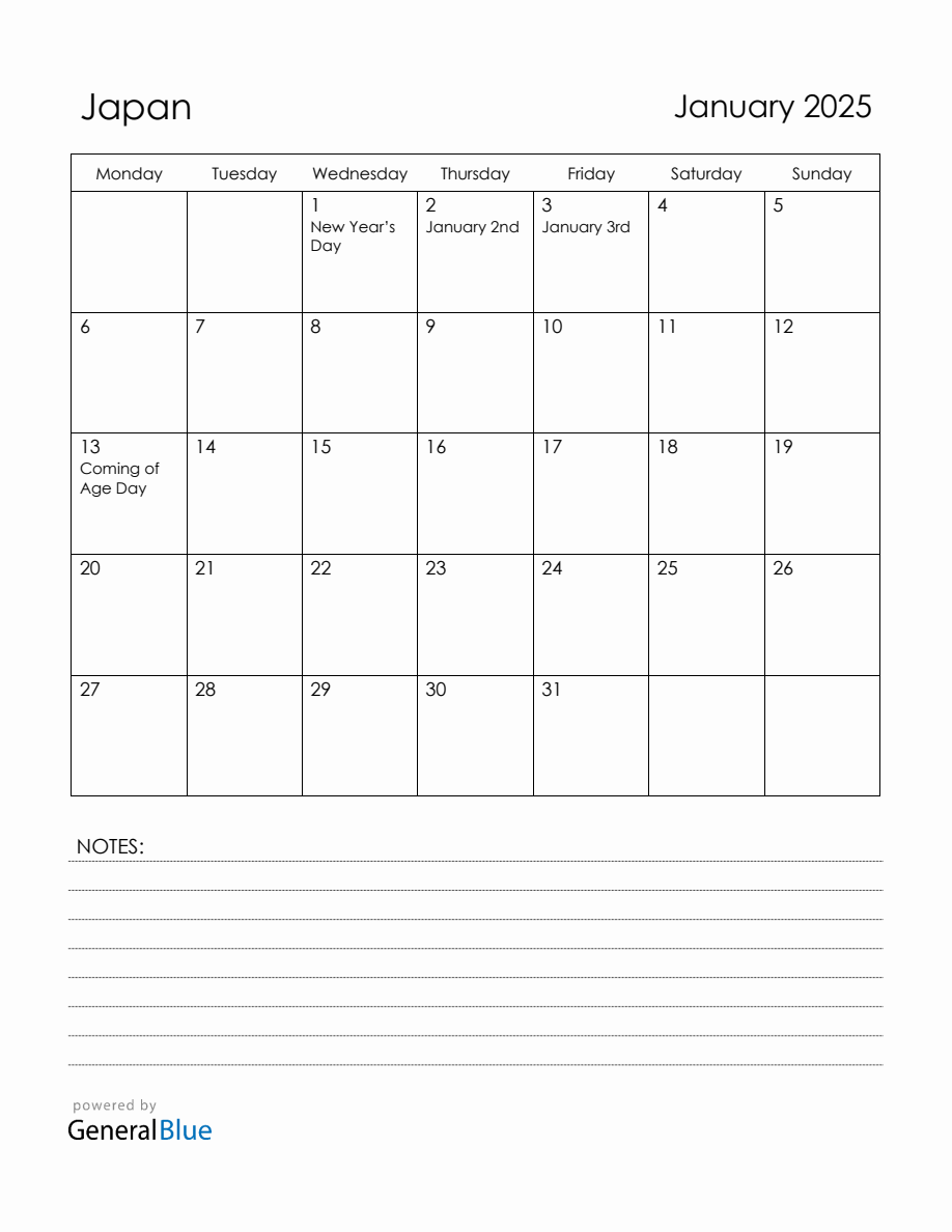 January 2025 Japan Calendar with Holidays
