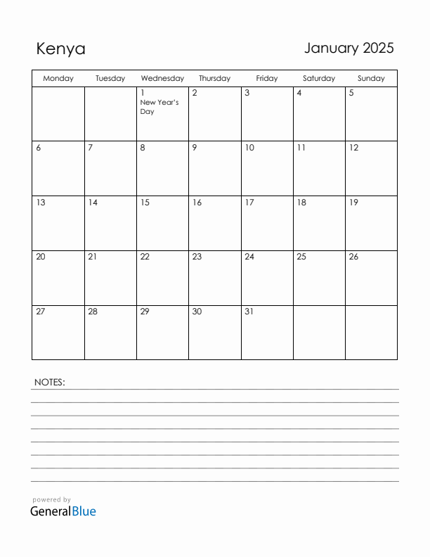 January 2025 Kenya Calendar with Holidays (Monday Start)