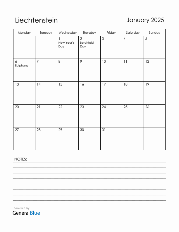 January 2025 Liechtenstein Calendar with Holidays (Monday Start)