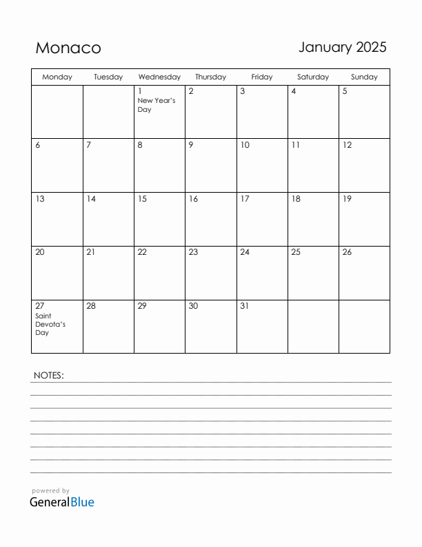 January 2025 Monaco Calendar with Holidays (Monday Start)