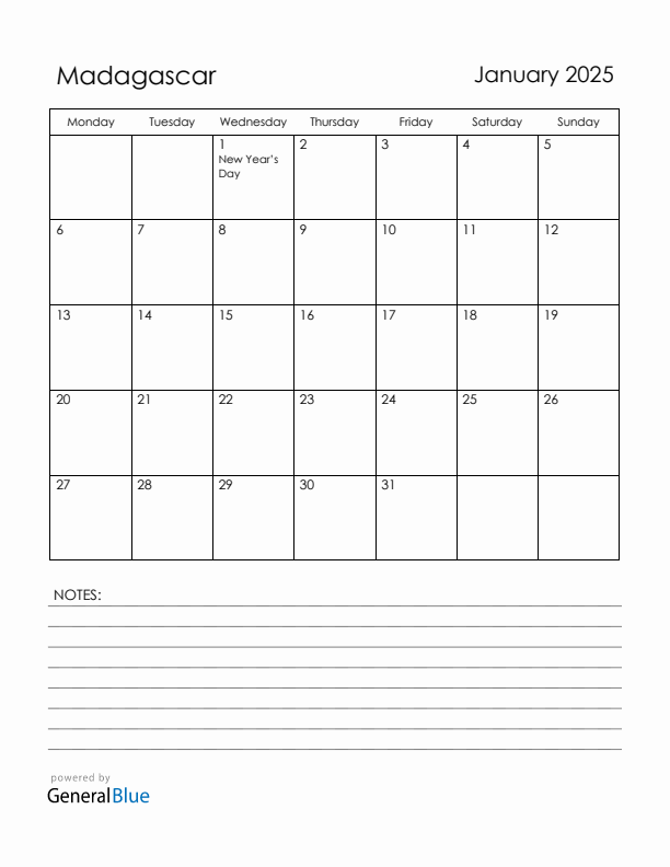 January 2025 Madagascar Calendar with Holidays (Monday Start)