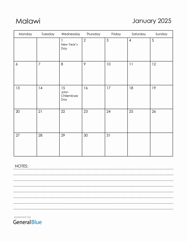 January 2025 Malawi Calendar with Holidays (Monday Start)