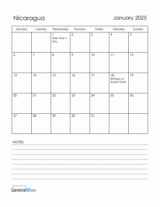 January 2025 Nicaragua Calendar with Holidays (Monday Start)