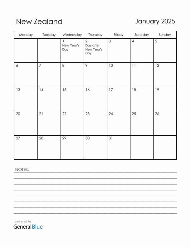 January 2025 New Zealand Calendar with Holidays (Monday Start)