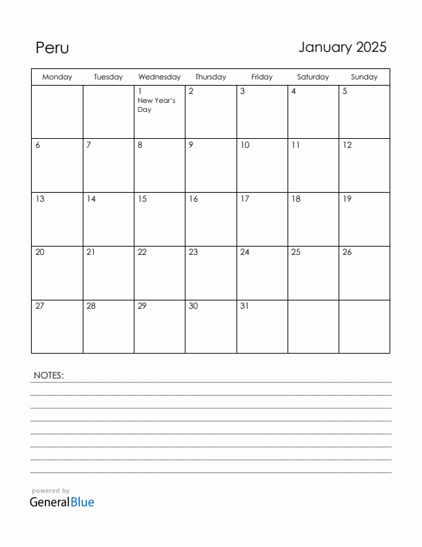 January 2025 Peru Calendar with Holidays (Monday Start)
