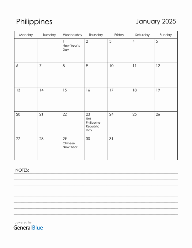 January 2025 Philippines Calendar with Holidays (Monday Start)