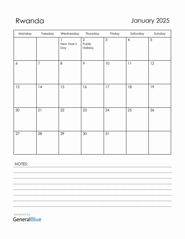 January 2025 Rwanda Calendar with Holidays (Monday Start)