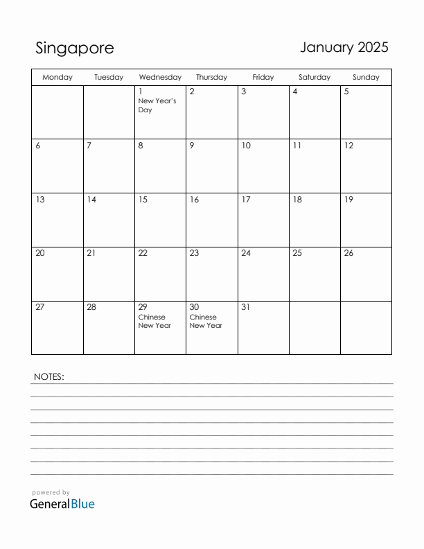 January 2025 Singapore Calendar with Holidays (Monday Start)