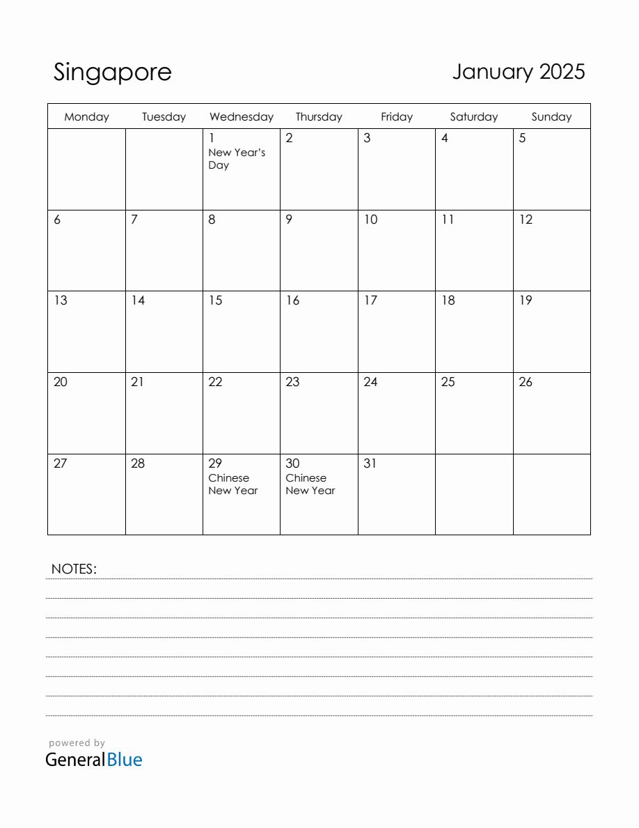 January 2025 Singapore Calendar with Holidays