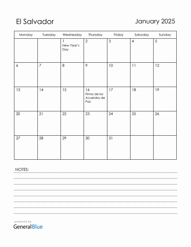 January 2025 El Salvador Calendar with Holidays (Monday Start)