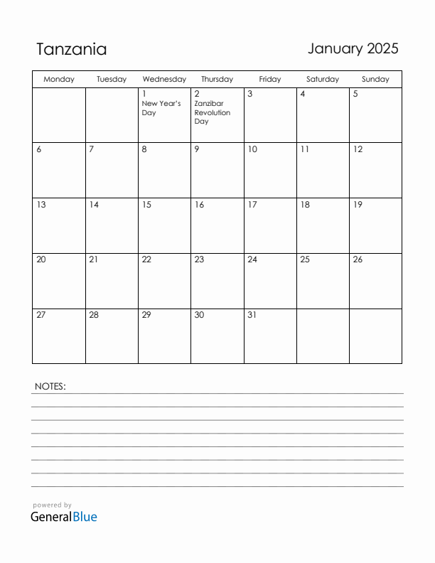 January 2025 Tanzania Calendar with Holidays (Monday Start)