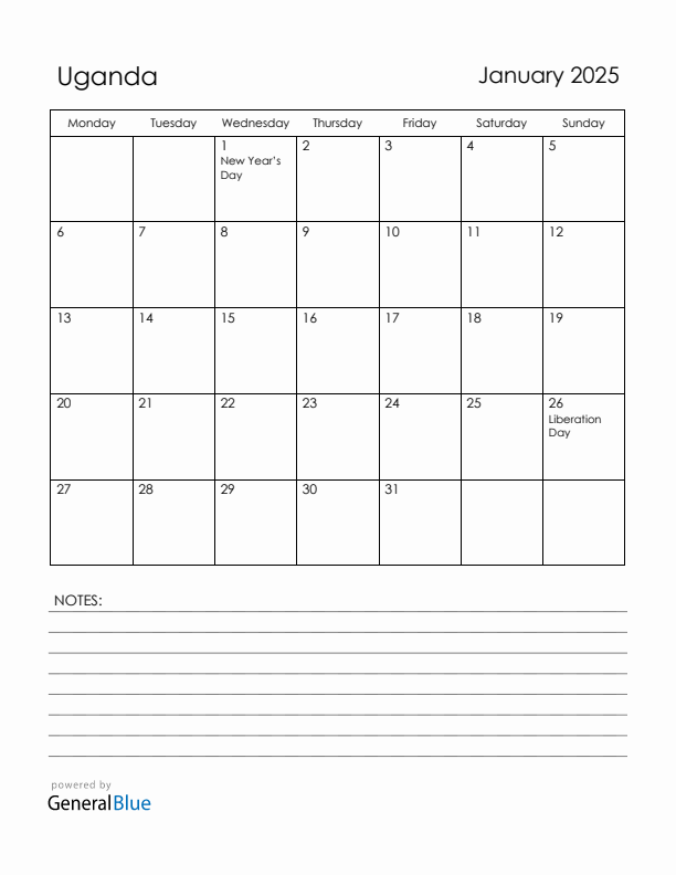 January 2025 Uganda Calendar with Holidays (Monday Start)
