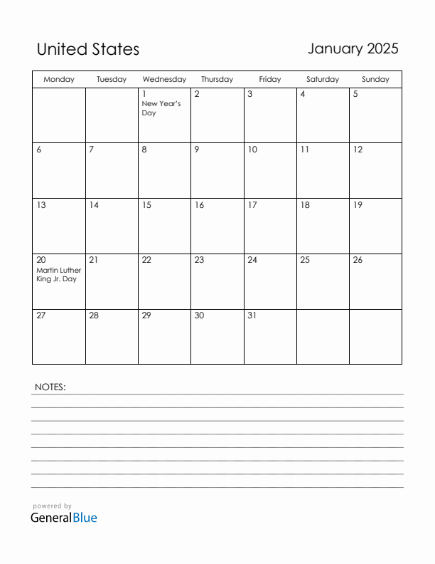 January 2025 United States Calendar with Holidays (Monday Start)