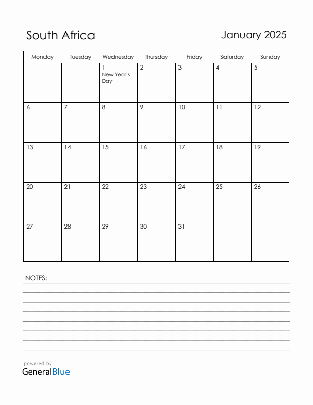 January 2025 South Africa Calendar with Holidays (Monday Start)