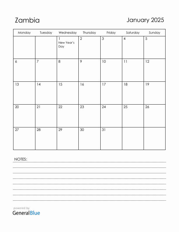 January 2025 Zambia Calendar with Holidays (Monday Start)