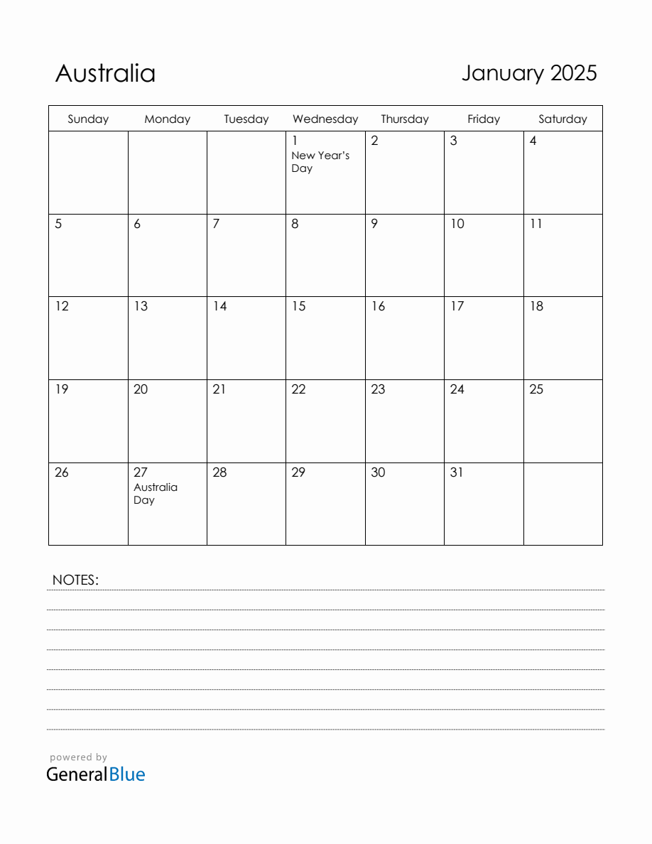 January 2025 Australia Calendar with Holidays