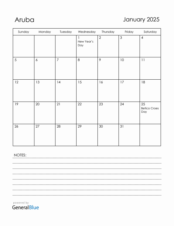 January 2025 Aruba Calendar with Holidays (Sunday Start)