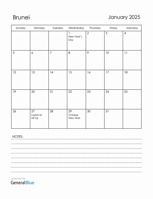 January 2025 Brunei Calendar with Holidays (Sunday Start)