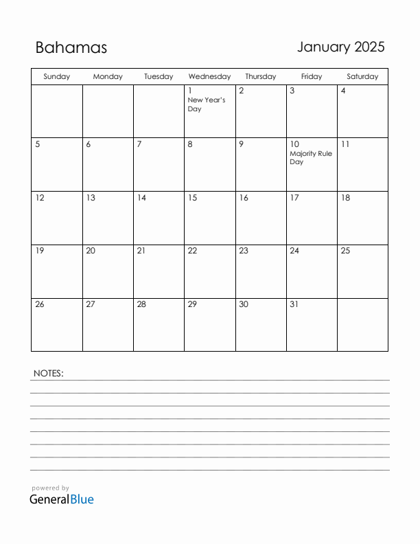 January 2025 Bahamas Calendar with Holidays (Sunday Start)