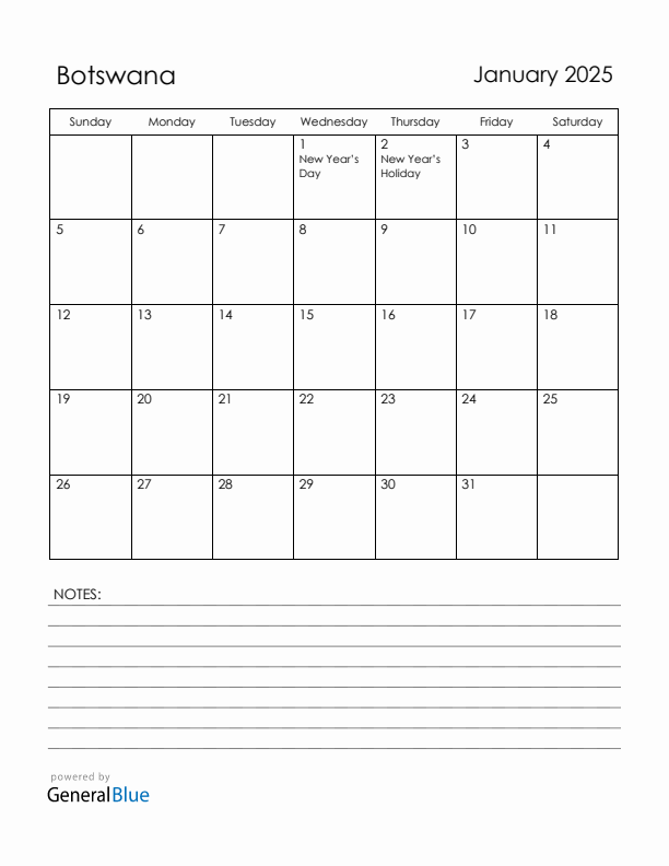 January 2025 Botswana Calendar with Holidays (Sunday Start)