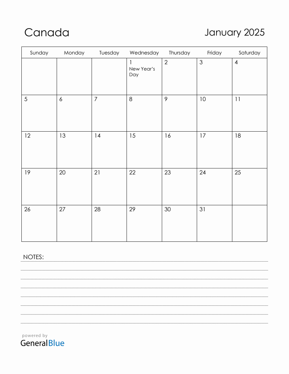 2025 January Calendar Canada With Holidays In