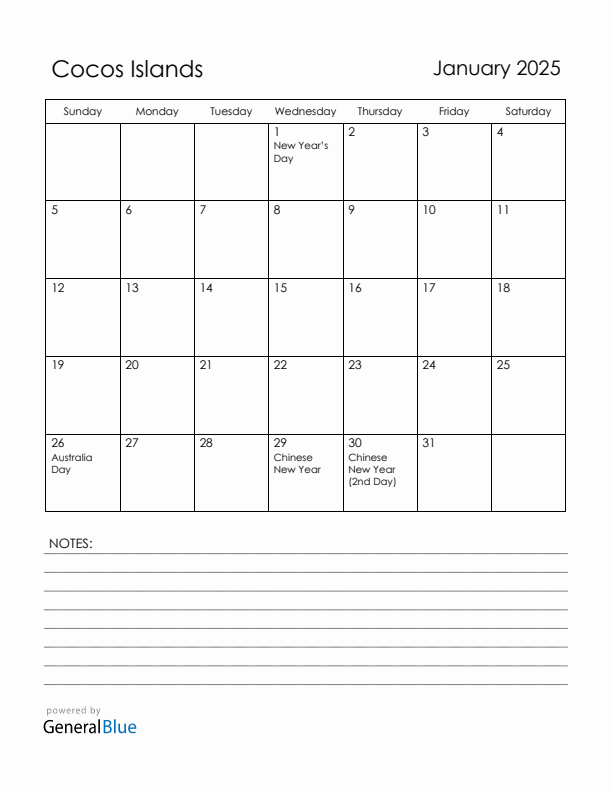 January 2025 Cocos Islands Calendar with Holidays (Sunday Start)