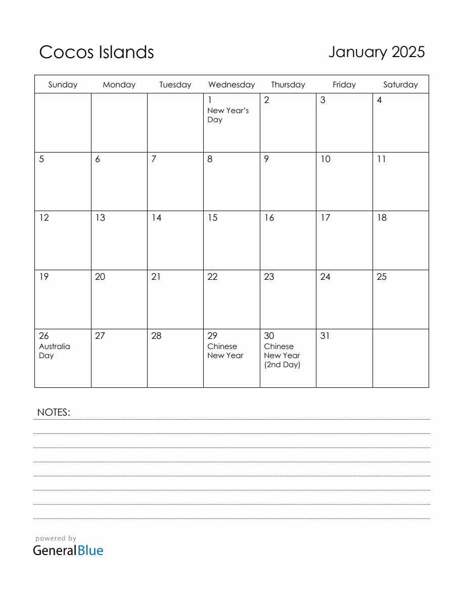 January 2025 Cocos Islands Calendar with Holidays