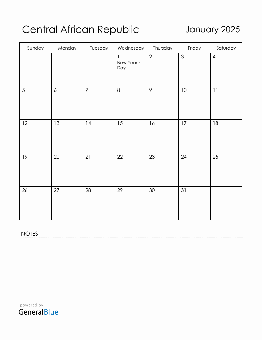 January 2025 Central African Republic Calendar with Holidays