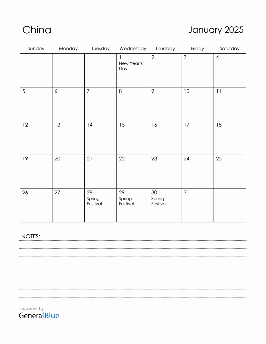 January 2025 China Calendar with Holidays