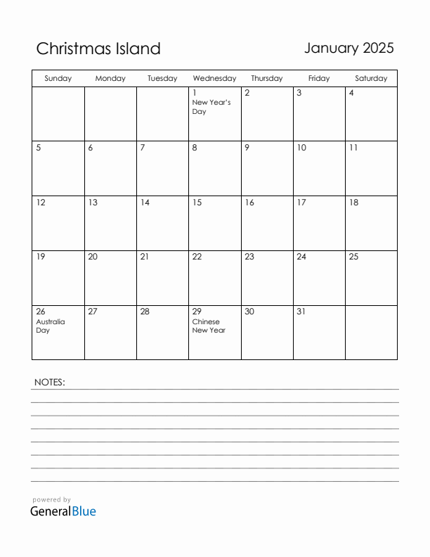 January 2025 Christmas Island Calendar with Holidays (Sunday Start)