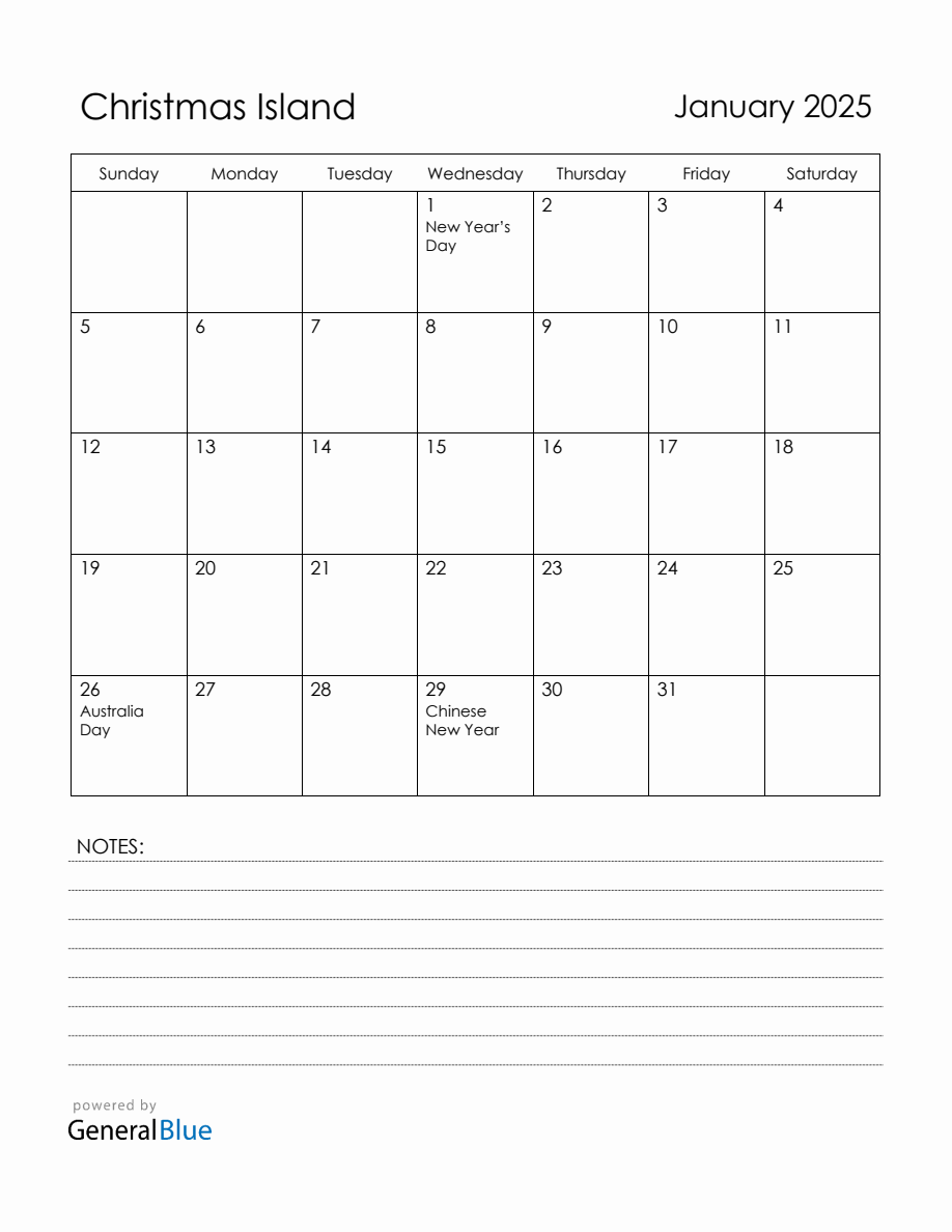 January 2025 Christmas Island Calendar with Holidays