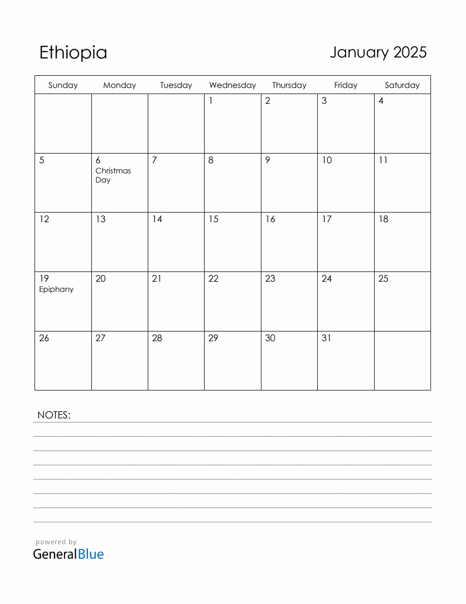 January 2025 Ethiopia Calendar with Holidays