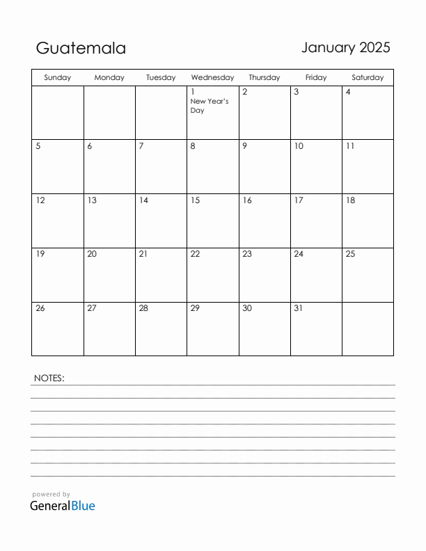 January 2025 Guatemala Calendar with Holidays (Sunday Start)