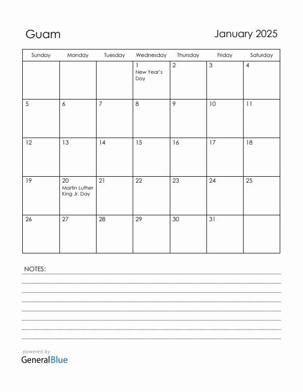 January 2025 Guam Calendar with Holidays (Sunday Start)