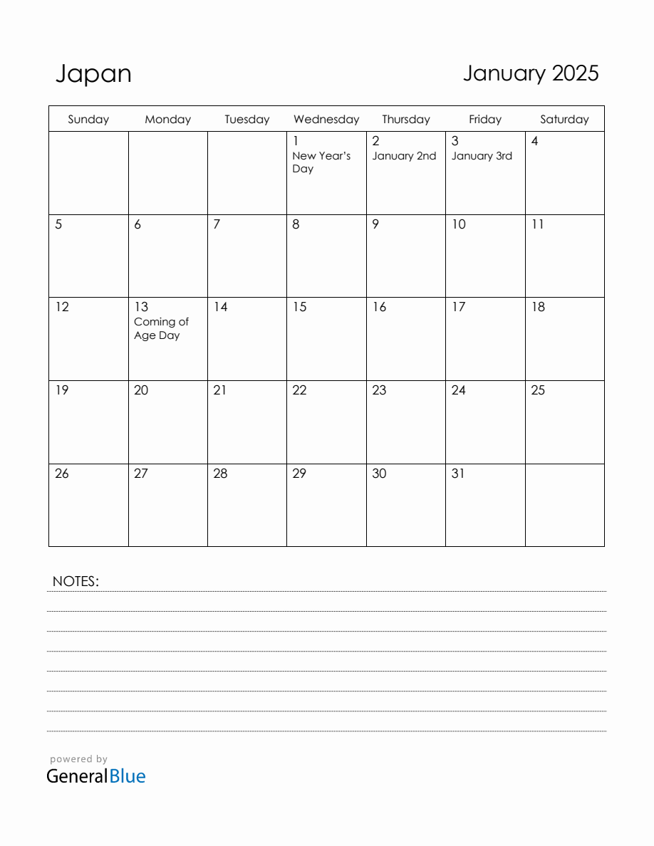 January 2025 Japan Calendar with Holidays