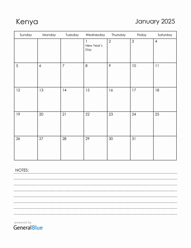 January 2025 Kenya Calendar with Holidays (Sunday Start)
