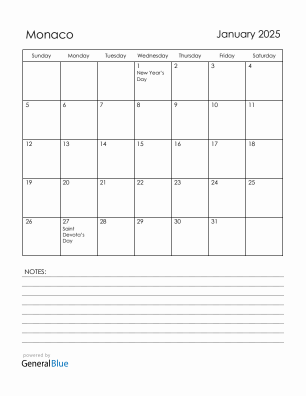 January 2025 Monaco Calendar with Holidays (Sunday Start)