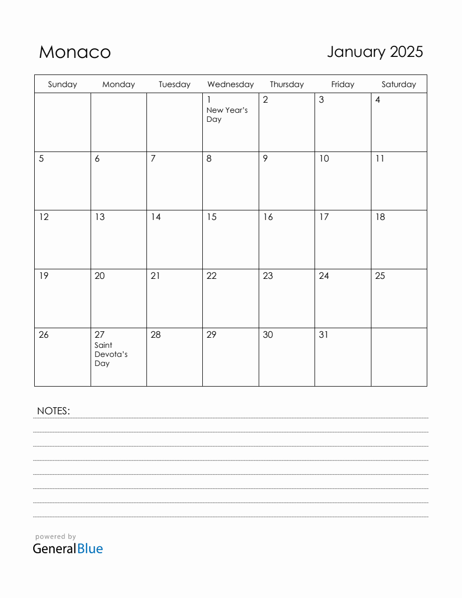 January 2025 Monaco Calendar with Holidays