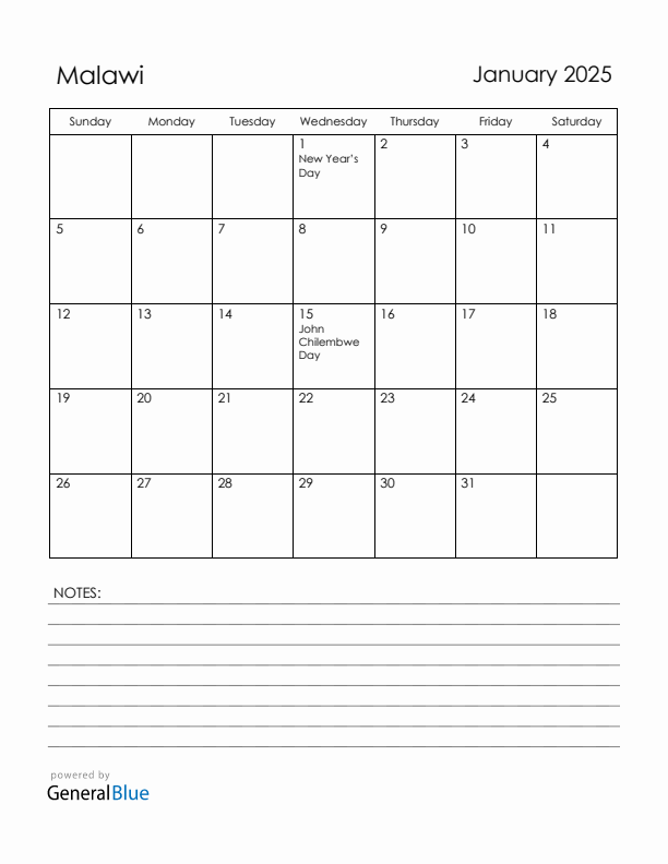 January 2025 Malawi Calendar with Holidays (Sunday Start)