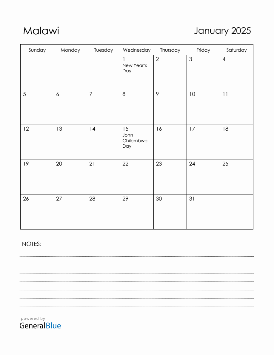 January 2025 Malawi Calendar with Holidays