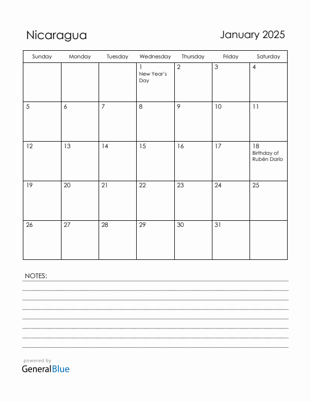 January 2025 Nicaragua Calendar with Holidays (Sunday Start)