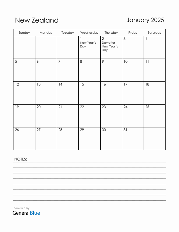 January 2025 New Zealand Calendar with Holidays (Sunday Start)