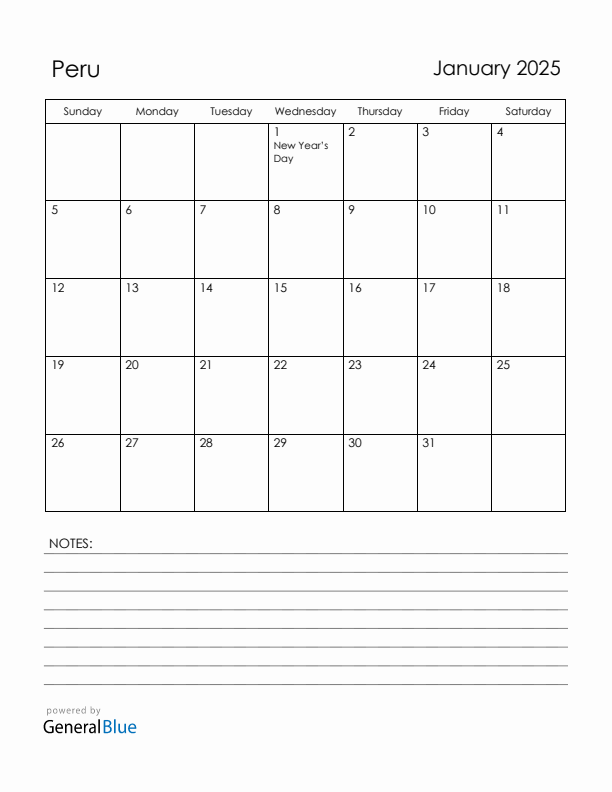 January 2025 Peru Calendar with Holidays (Sunday Start)