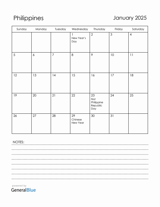 January 2025 Philippines Calendar with Holidays (Sunday Start)