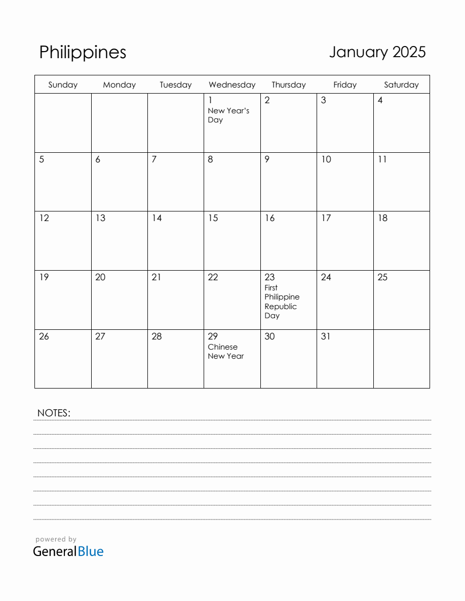 January 2025 Philippines Calendar with Holidays