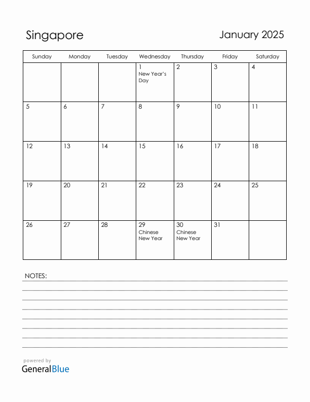 January 2025 Singapore Calendar with Holidays (Sunday Start)