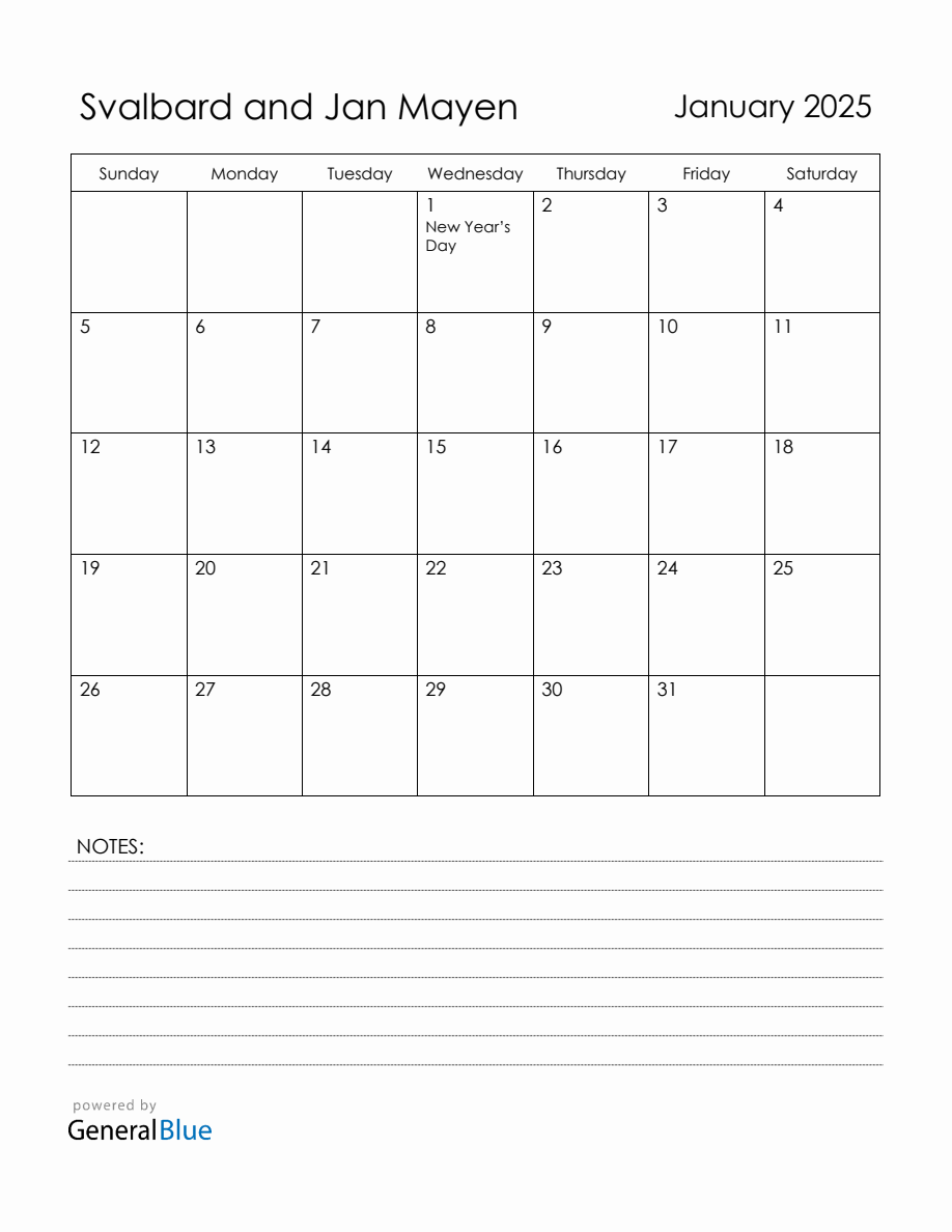 January 2025 Svalbard and Jan Mayen Calendar with Holidays